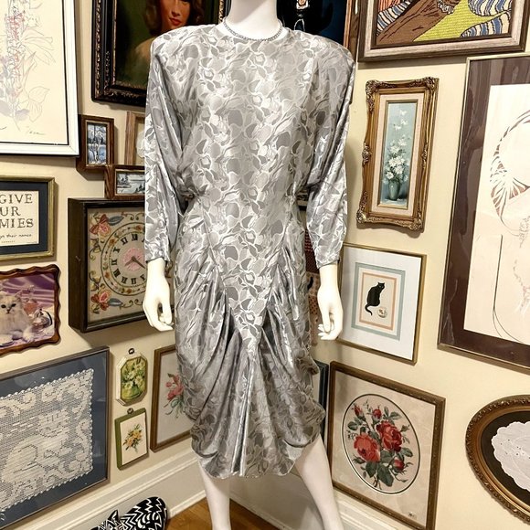 80s Vintage Jodi Schwartz Silver Gray Silky Abstract Jacquard Sculptured Dress - Picture 1 of 5